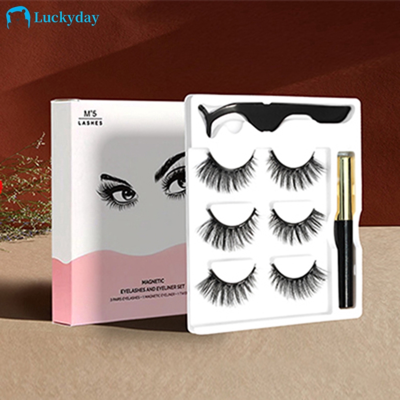 [Hàng mới về] Set 3 cặp lông mi giả từ tính và kẻ mắt trang điểm thời trang tự nhiên cho nữ