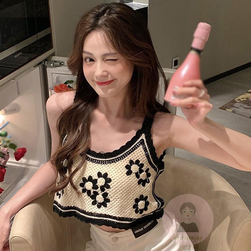 DRE-Women Summer Knitted Camisole,Flower Embroidery Sleeveless Sling Tank Tops