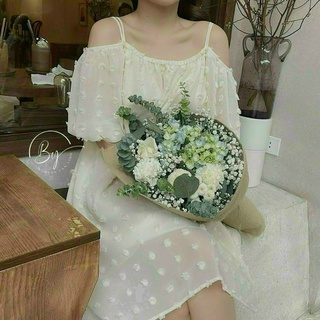 Váy trễ vai dây thêu hoa nổi chất tơ lụa cao cấp
