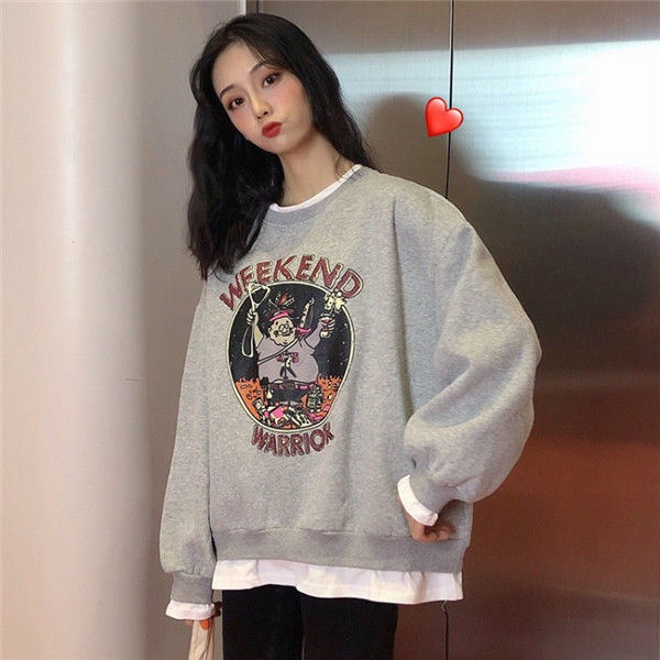 COZOK Áo sweater tay dài dáng rộng in họa tiết thời trang Hàn Quốc
