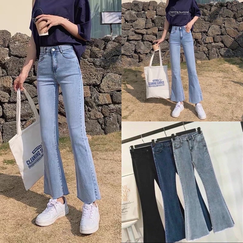 Quần jeans ống loe nữ trơn co dãn cạp cao