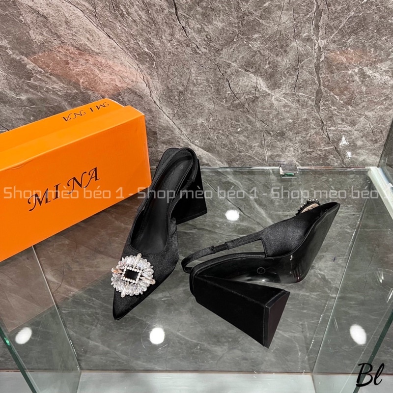 Sandal mũi nhọn mặt đá gót trụ loe fullbox hàng quảng châu cao cấp