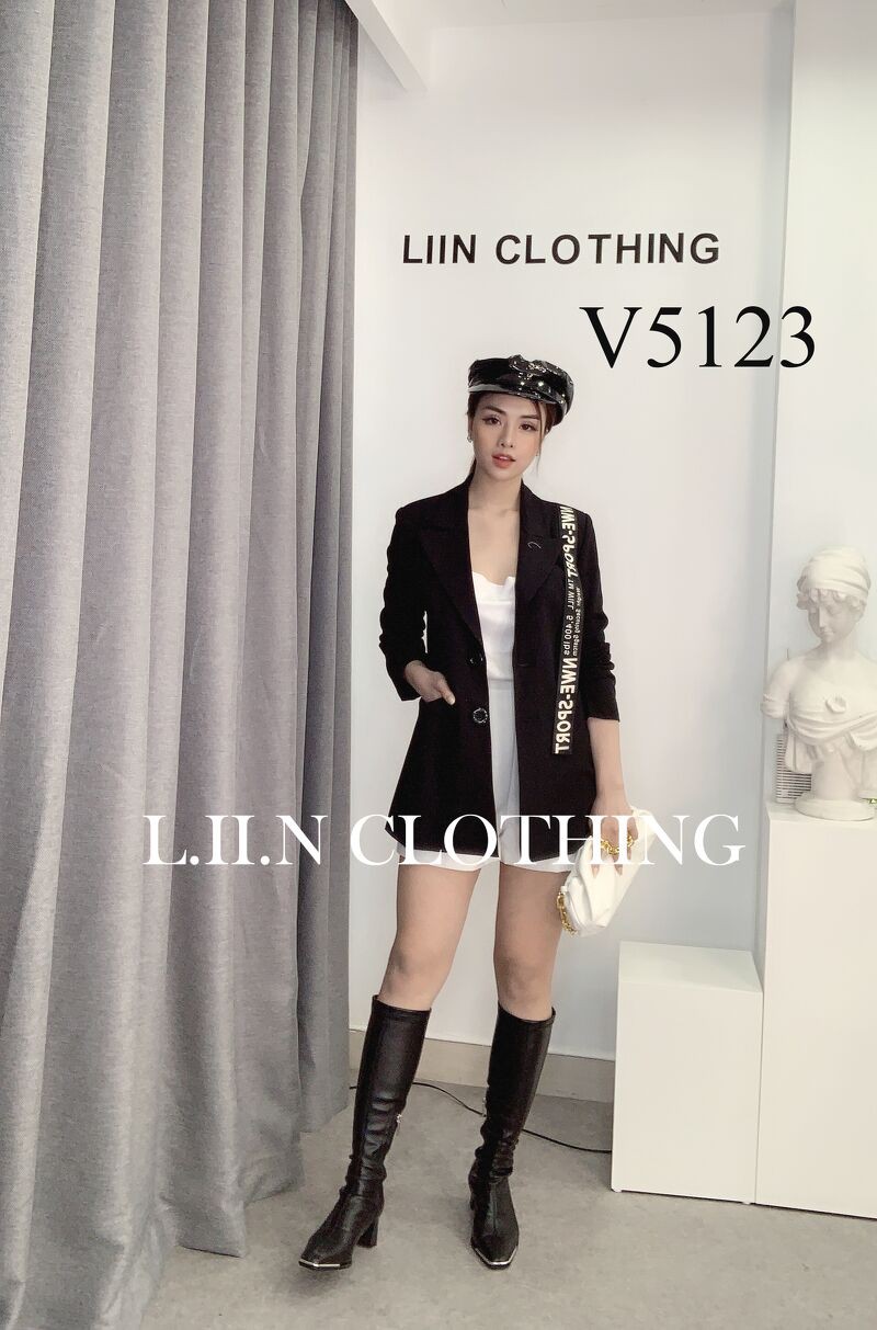 Áo vest nữ dáng dài Linbi màu đen, đủ size, mix dây chữ nổi bật thanh lịch, sang trọng Liin clothing V5123