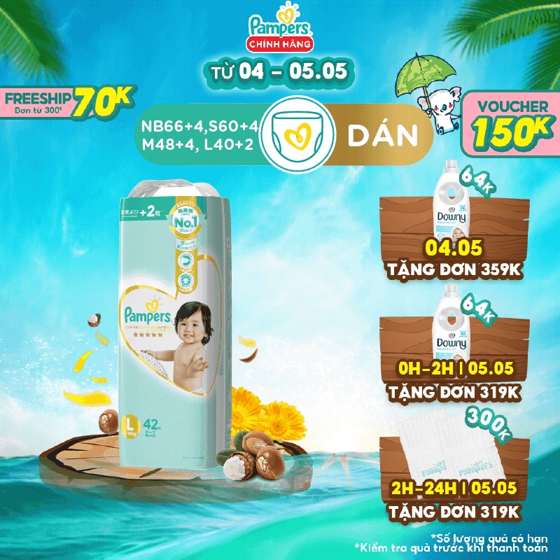 Tã Dán Pampers Nội Địa Nhật Bản NB66+4/S60+4/M48+4/L40+2