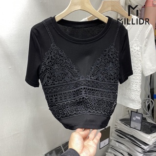 Áo thun tay ngắn cổ tròn thêu ren bằng cotton kiểu mùa hè 2022 thanh lịch cho nữ