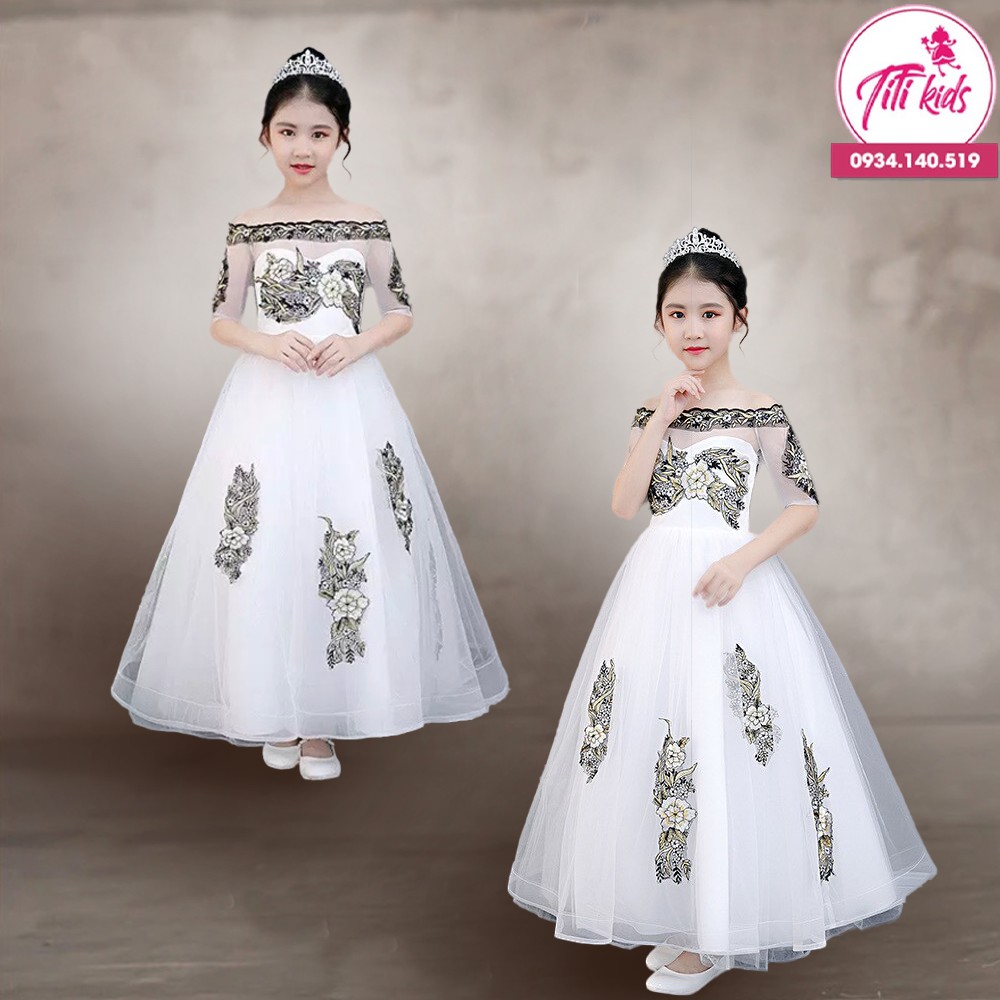 Đầm Công Chúa Bé Gái TiTiKids Trắng Trễ Vai Ren Hoa CC127