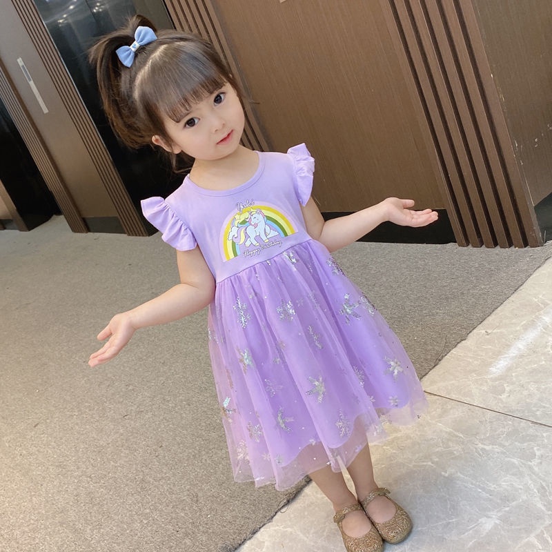 Đầm Công Chúa Phối Lưới Họa Tiết Hoạt Hình Thời Trang Mùa Hè Hàn Quốc 2022 Cho Bé Gái