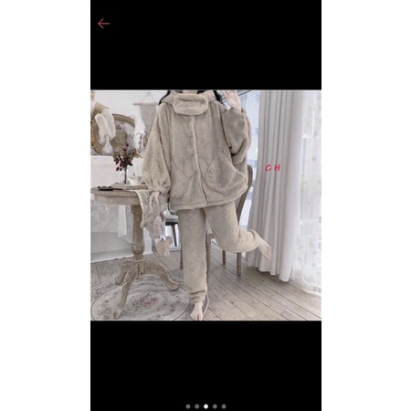 Bộ Lông Gấu có Túi Vòng Cổ mùa Đông🌸Đồ nữ ngủ Ullzang☘️Lông cừu giữ nhiệt, dày dặn, set mặc nhà | BigBuy360 - bigbuy360.vn