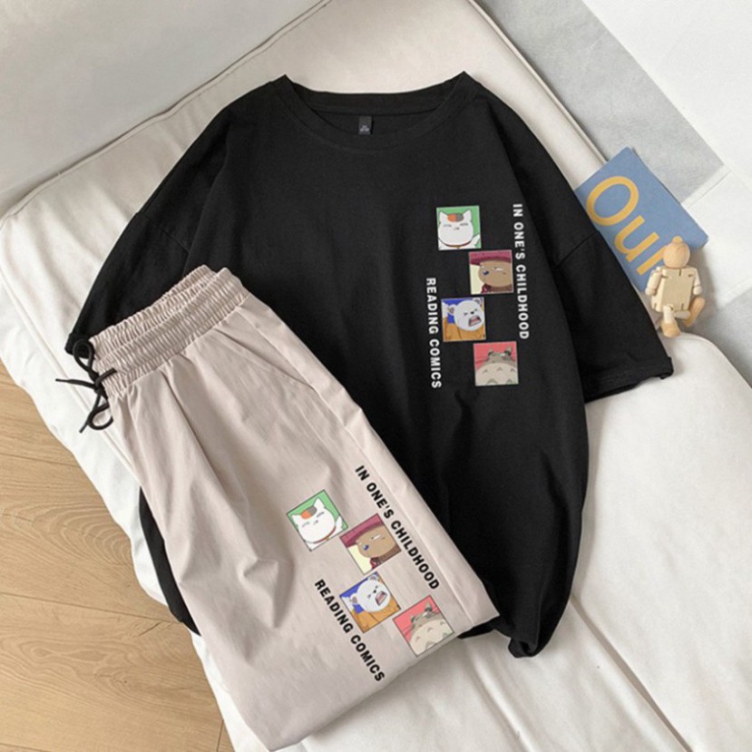 Bộ thể thao nam nữ mặc nhà Rew2021, áo thun unisex tay lỡ, quần short đùi kaki in hình gấu, bộ quần áo mùa hè
