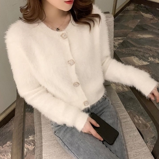 Áo Khoác Cardigan Cổ Tròn Dáng Ngắn Chất Liệu Dày Dặn Phối Lông Thời Trang Mùa Đông 2020 Cho Nữ