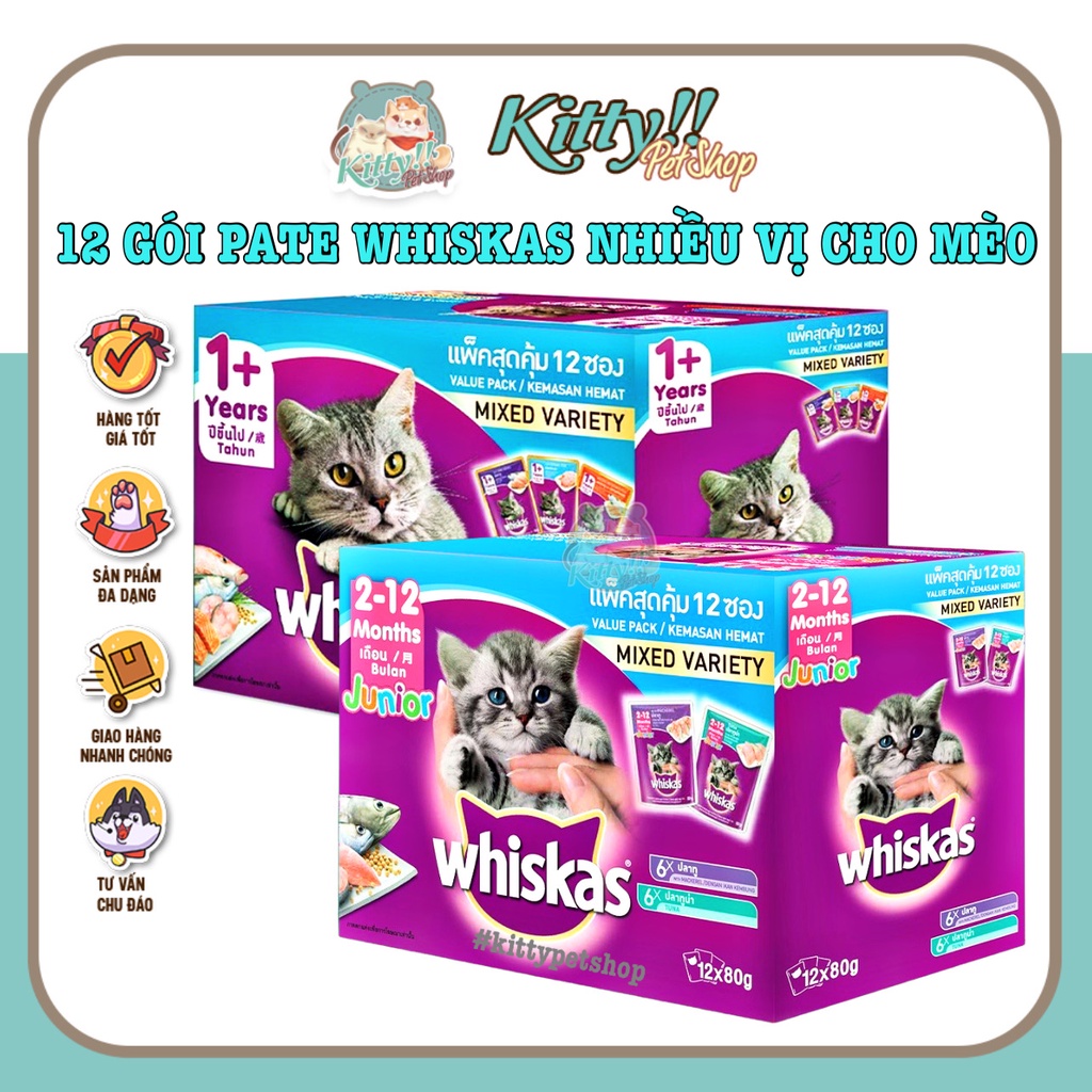 Hộp 12 gói thức ăn pate Whiskas junior, adult dành cho mèo, thùng thức ăn dạng ướt nhiều vị cho mèo - Kitty Pet Shop BMT