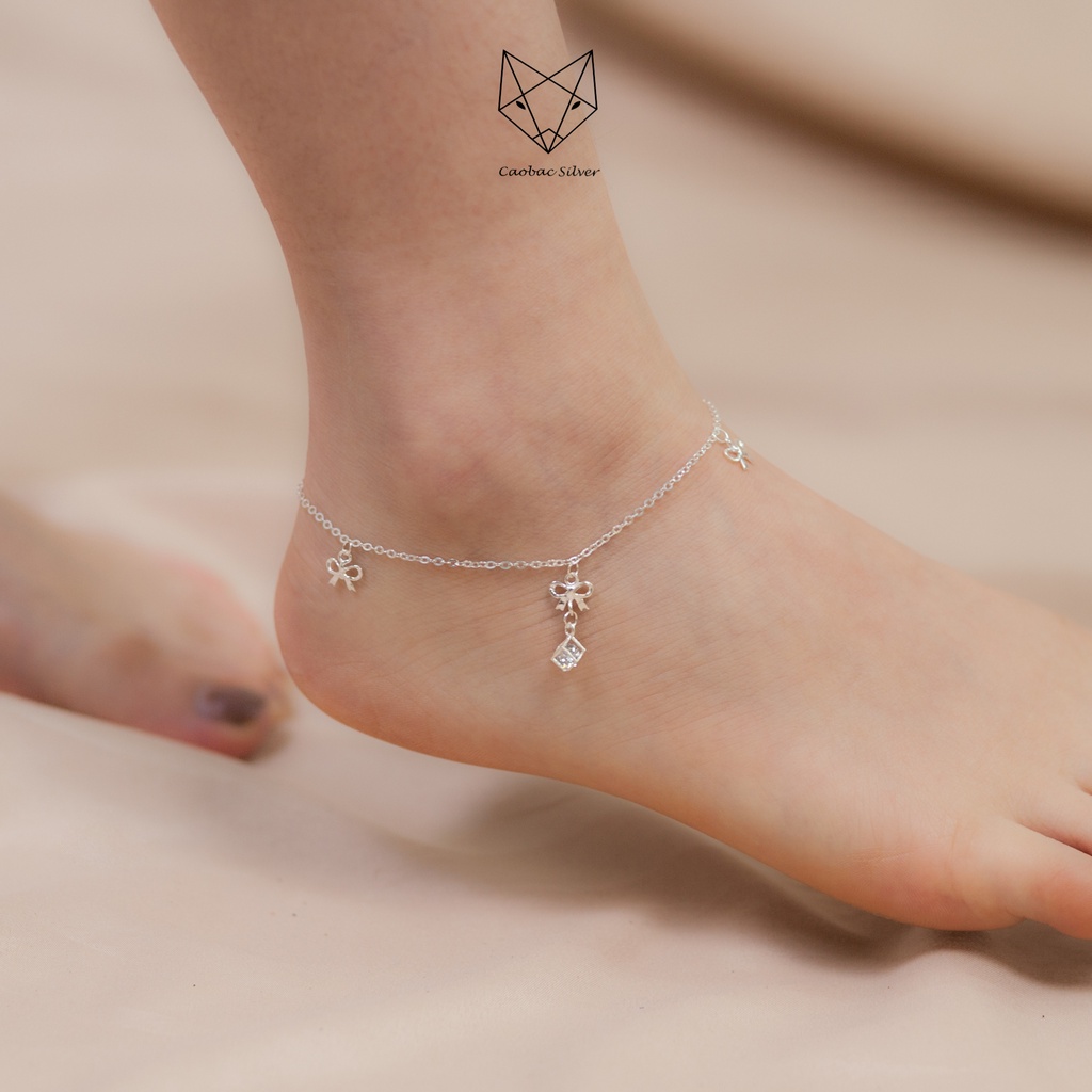 Lắc Chân Bạc Ta CAOBAC JEWELLERY Cho Nữ Hoạ Tiết Charm Nơ Đính Đá Lấp Lánh