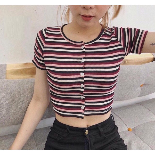 [HÌNH THẬT ÁO THUN CROPTOP ÔM BODY SỌC NGANG GÀI NÚT 52