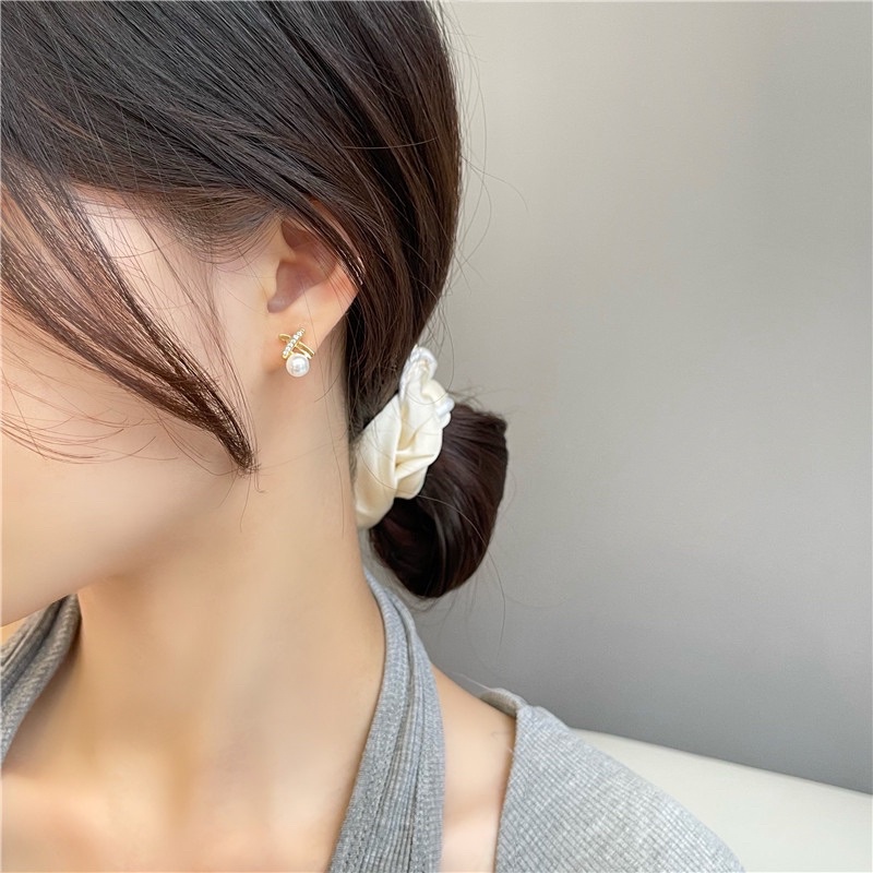 Bông tai, Khuyên tai nữ ngọc trai nhân tạo hình chữ X phụ kiện trang sức dễ thương