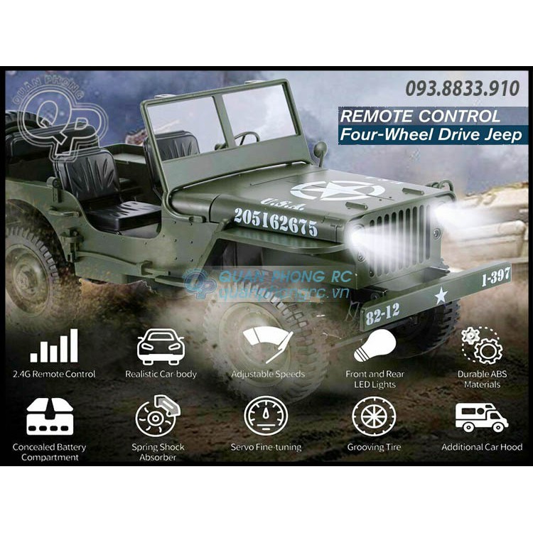 xe C606 Jeep 1:10 2.4G 4WD RC Off Road Military Climbing (tặng kèm bạt phủ)