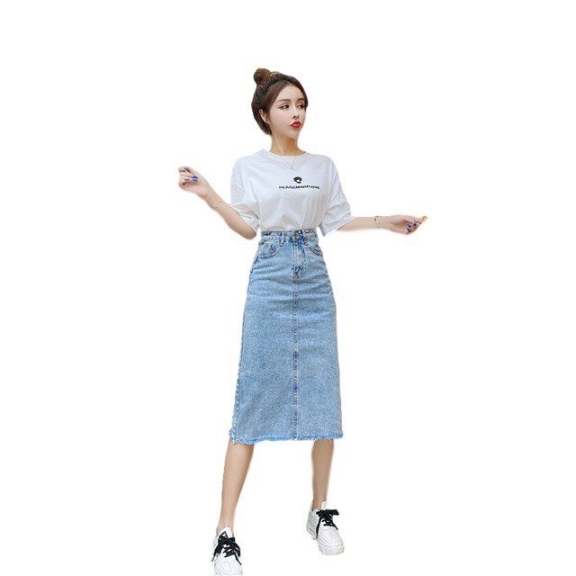 Chân Váy bò nữ Dáng Dài Cạp Cao Xẻ Gấu Phong Cách Ulzzang, có túi túi hộp vạt lệch mặc lên siêu xinh