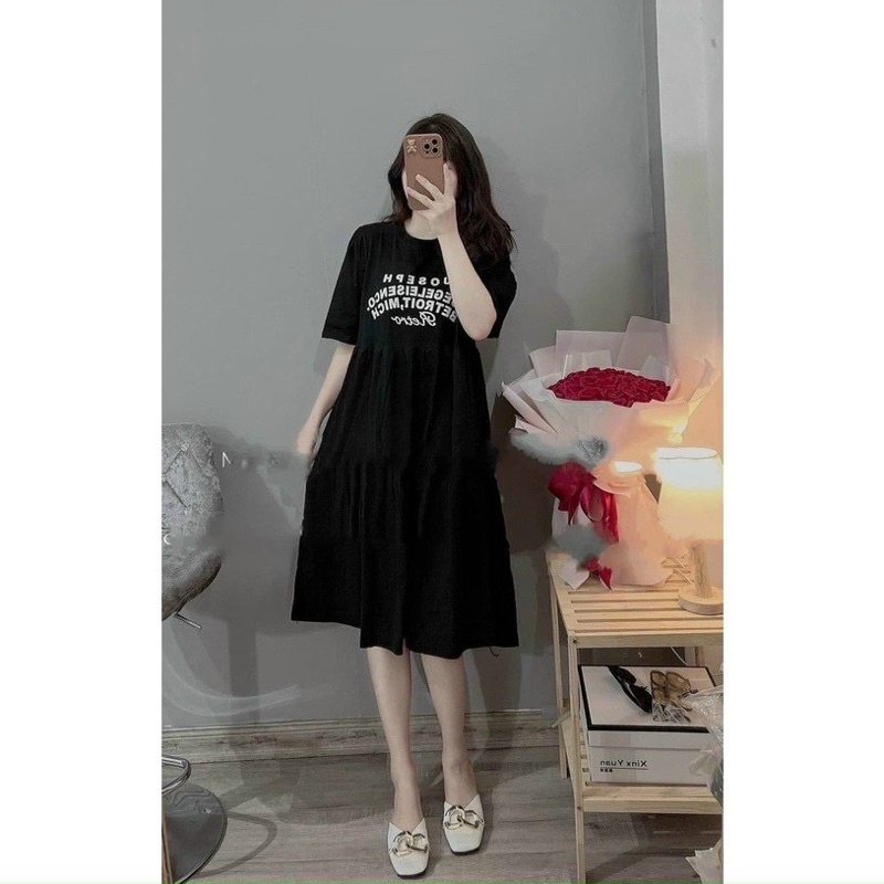 Đầm bầu cotton mùa hè- Váy bầu thun dáng tầng in chữ