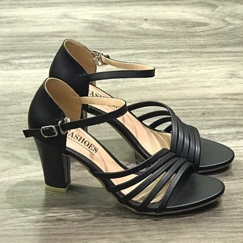 Giày sandal cao gót 7p mũi tròn đế vuông nữ Lunashoes  da si có quai ngang màu đen, kem bảo hành 1 năm