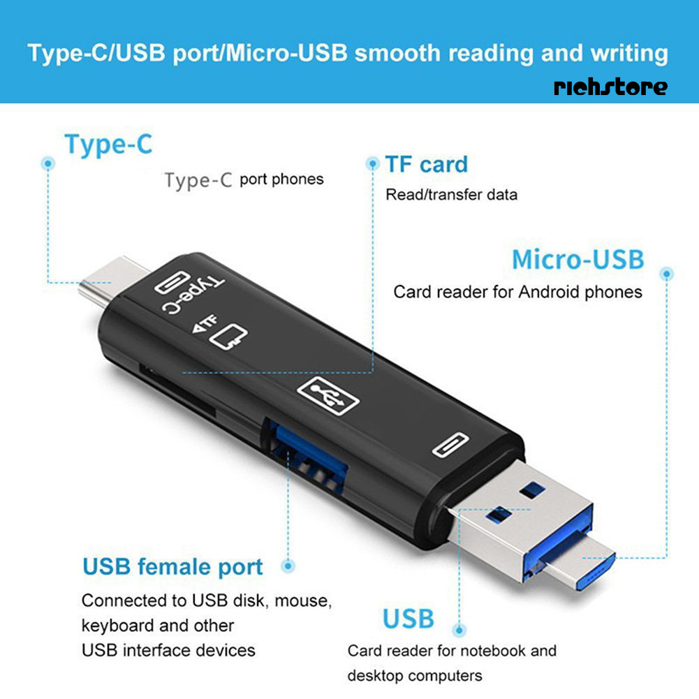 Đầu Đọc Thẻ Nhớ 5 Trong 1 Usb 3.0 Type-c Micro Otg Tf | BigBuy360 - bigbuy360.vn