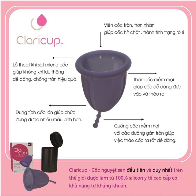 Cốc nguyệt san Claricup (Tặng Gel rửa cốc +Cốc tiệt trùng + viên tiệt trùng + túi vải)