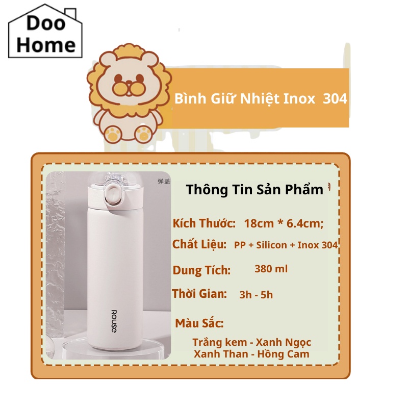 Bình giữ nhiệt cho bé đi học ROUSE, Bình đựng nước mini cute inox 304 thép không gỉ có ống hút dung tích 380ml-DooHome