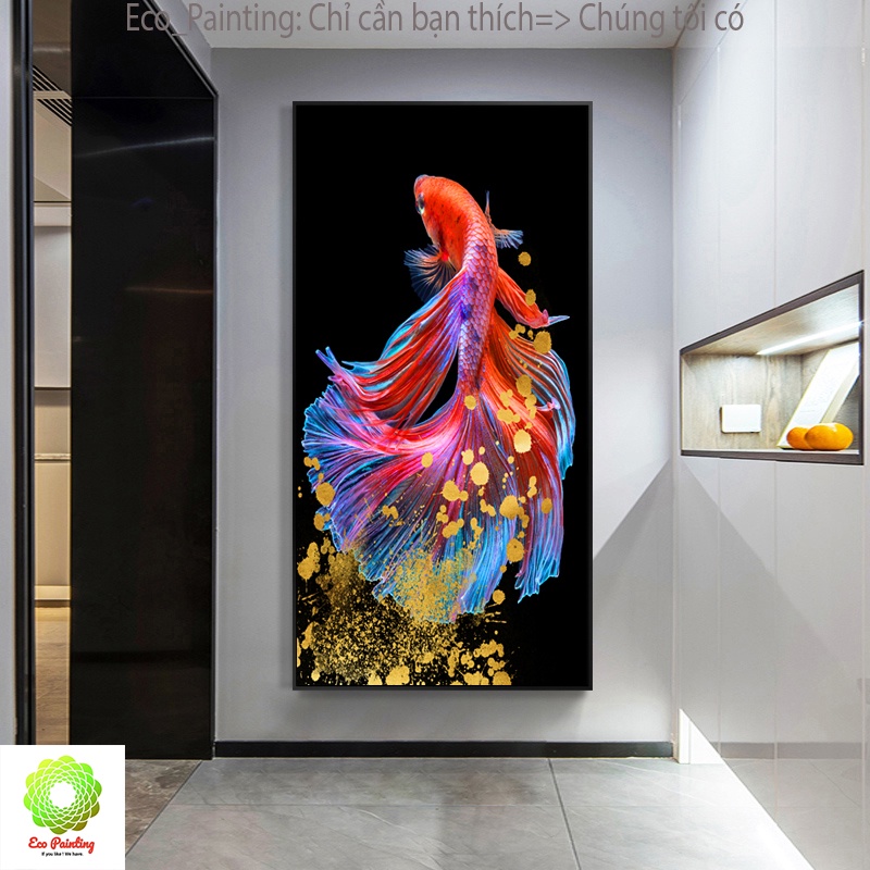 Tranh cá treo tường đứng đẹp, hiện đại "tranh cá chép hóa rồng", kích thước 35x70cm; 40x80cm;50x100cm;60x120cm có khung