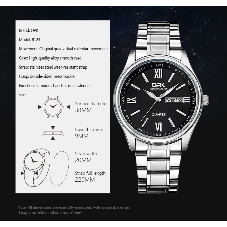 Đồng hồ nam chính hãng OPK 8123 máy thạch anh dây thép chống nước có hiển thị ngày màu dạ quang dành cho | BigBuy360 - bigbuy360.vn