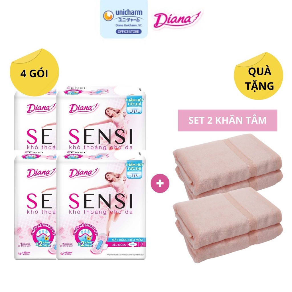 Combo 4 gói Băng vệ sinh Diana Sensi siêu mỏng cánh gói 20 miếng tặng 1 Set khăn tắm (2 khăn/set)