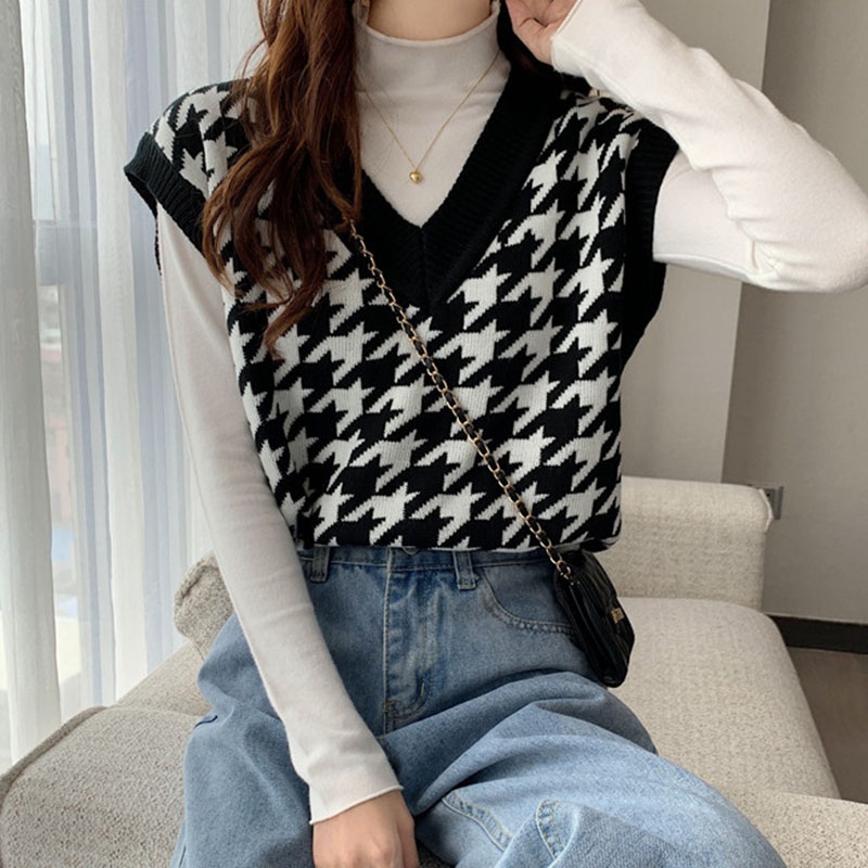 Áo sweater dệt kim không tay thiết kế xinh xắn phong cách Hàn