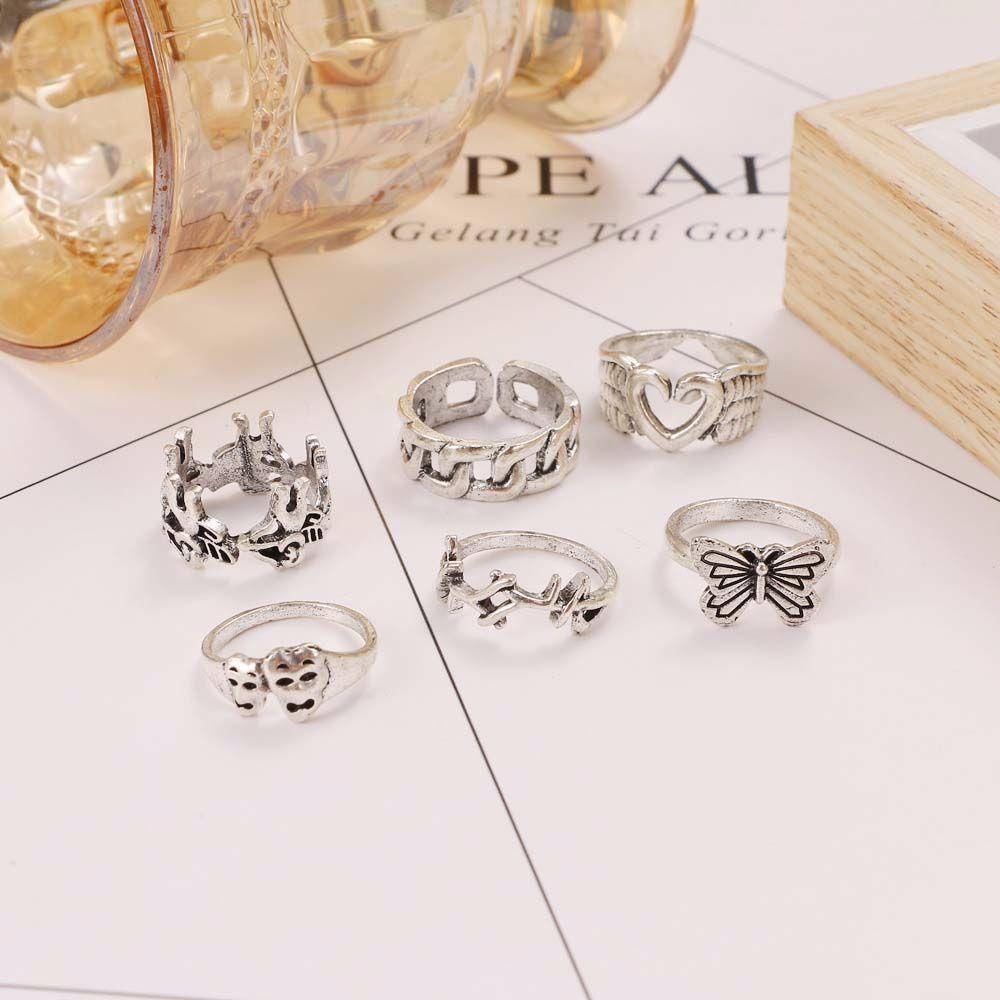 Set 6 Nhẫn Đeo Tay Họa Tiết Dây Xích Rỗng Phong Cách Punk Hip Hop Cổ Điển Dành Cho Nam Nữ|Nhẫn Hình Bướm Nhiều Màu Sắc