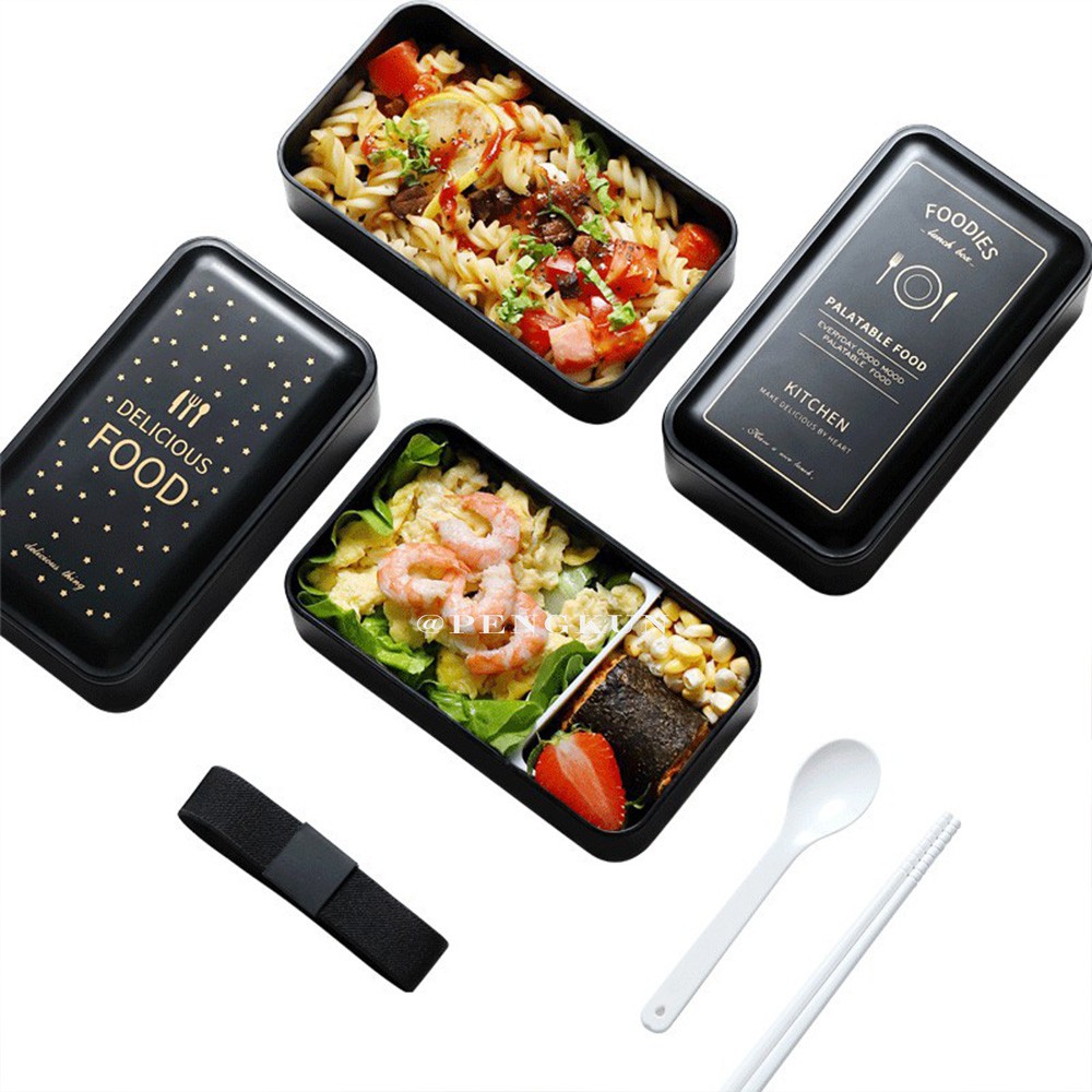 Hộp Đựng Cơm Trưa Hai Tầng Màu Đen Có Thể Dùng Trong Lò Vi Sóng Phong Cách Nhật Bản