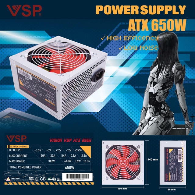 Nguồn máy tính VSP 650W-Kèm dây nguồn- Fullbox- Hàng chính hãng