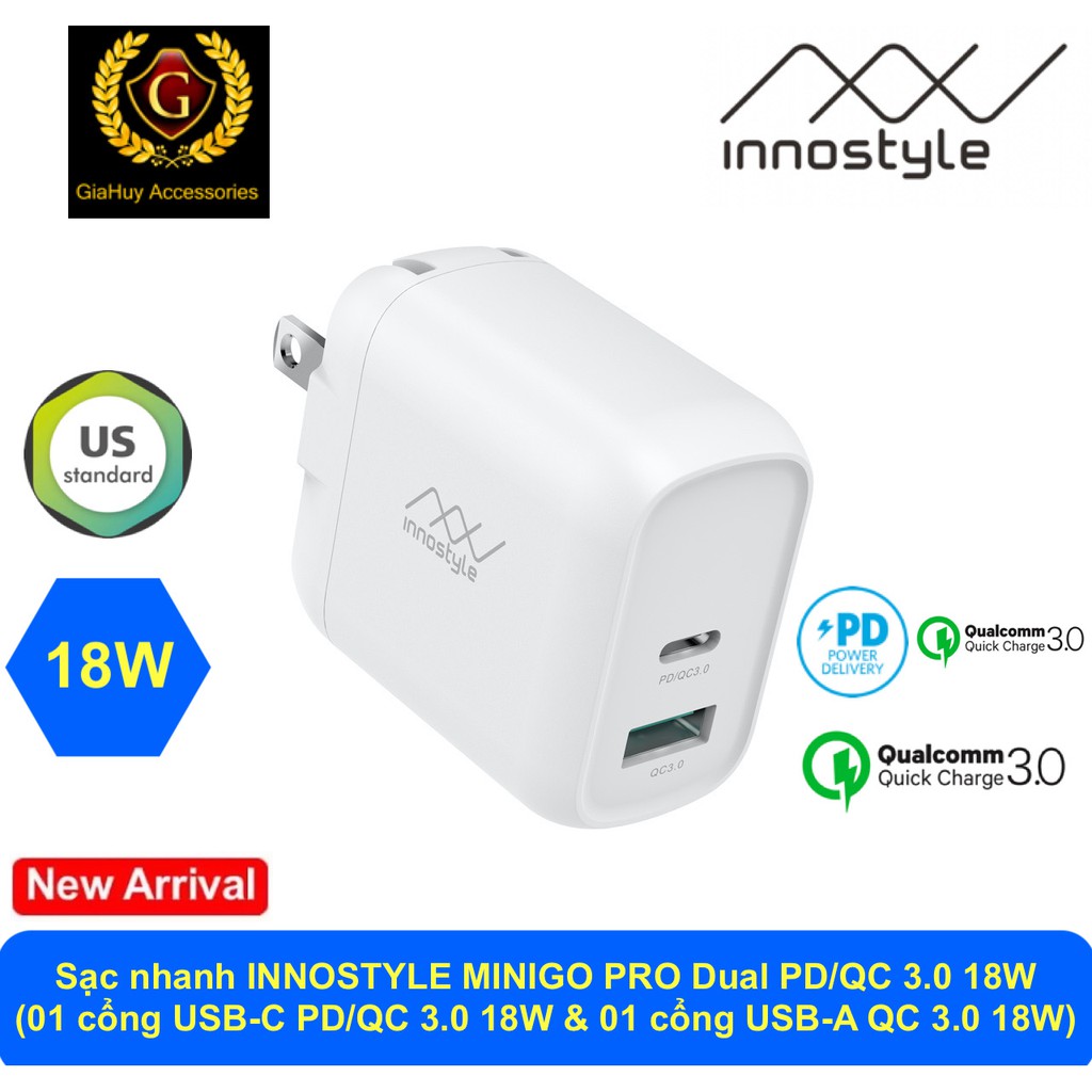 Củ sạc nhanh Macbook Pro, iPad Pro, iPhone 12, Note 10, S10 INNOSTYLE MINIGO PRO DUAL PD/QC 3.0 18W (01 USB-C PD/QC 3.0