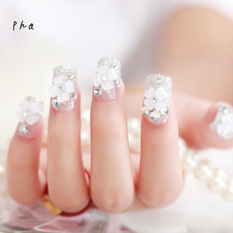 Bộ 24 móng tay giả họa tiết hoa 3D thời trang có keo dán tiện dụng cho cô dâu