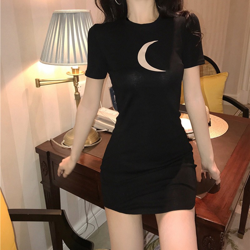 Đầm body nữ tay ngắn in hình mặt trăng thời trang
