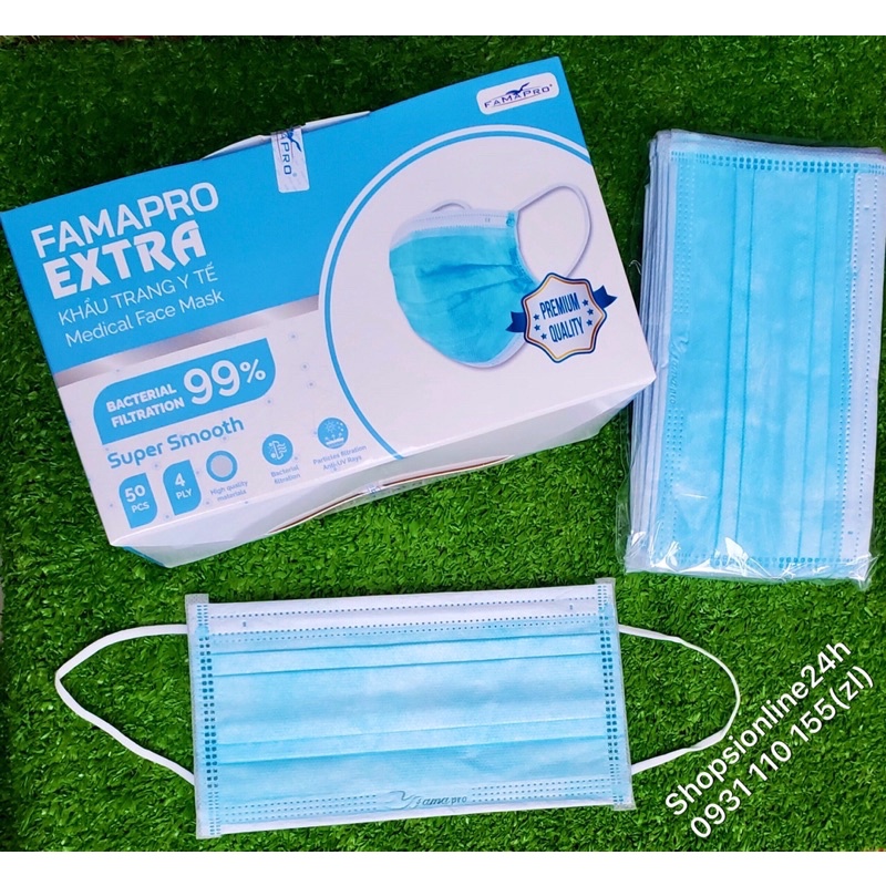 ✅ Hộp 50 cái khẩu trang y tế Famapro Extra 4 lớp giấy kháng khuẩn cao cấp màu Xanh