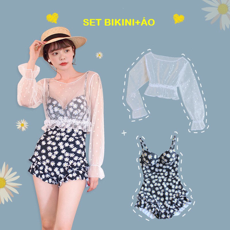 (Hàng nhập) Set Bikini 1 Mảnh Hoa Cúc + Áo Khoác Trắng #8230