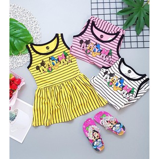 Đầm thun sọc bé gái in hình mickey