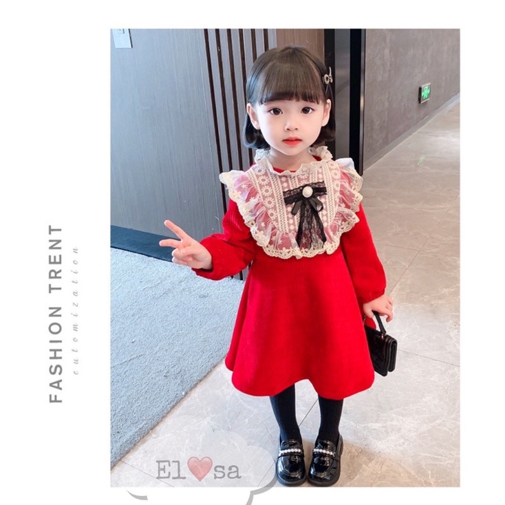 Váy bé gái - Váy tăm nhung dài tay phối cổ ren kèm nơ ngực siêu xinh cho bé 1-5 Tuổi