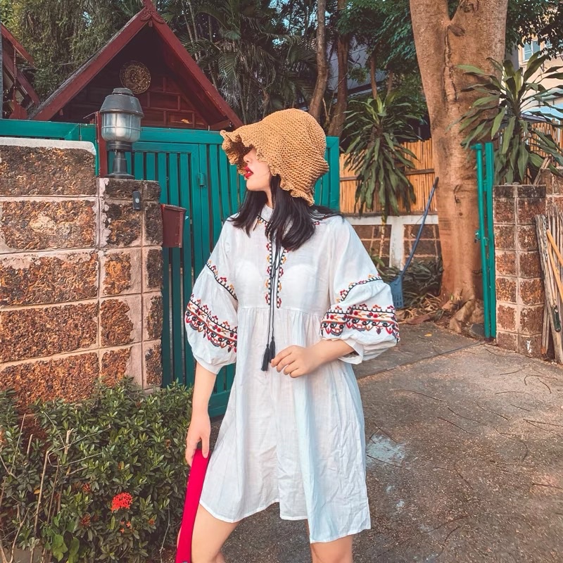 Đầm Baby thêu hoa thổ cẩm dáng ngắn Mã 369 Hàng Sẵn