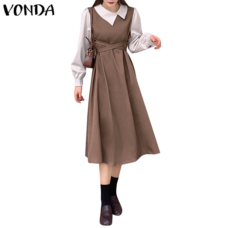 Đầm VONDA dáng dài xếp ly cổ búp bê tay dài màu sắc thanh lịch phong cách Hàn Quốc dành cho nữ