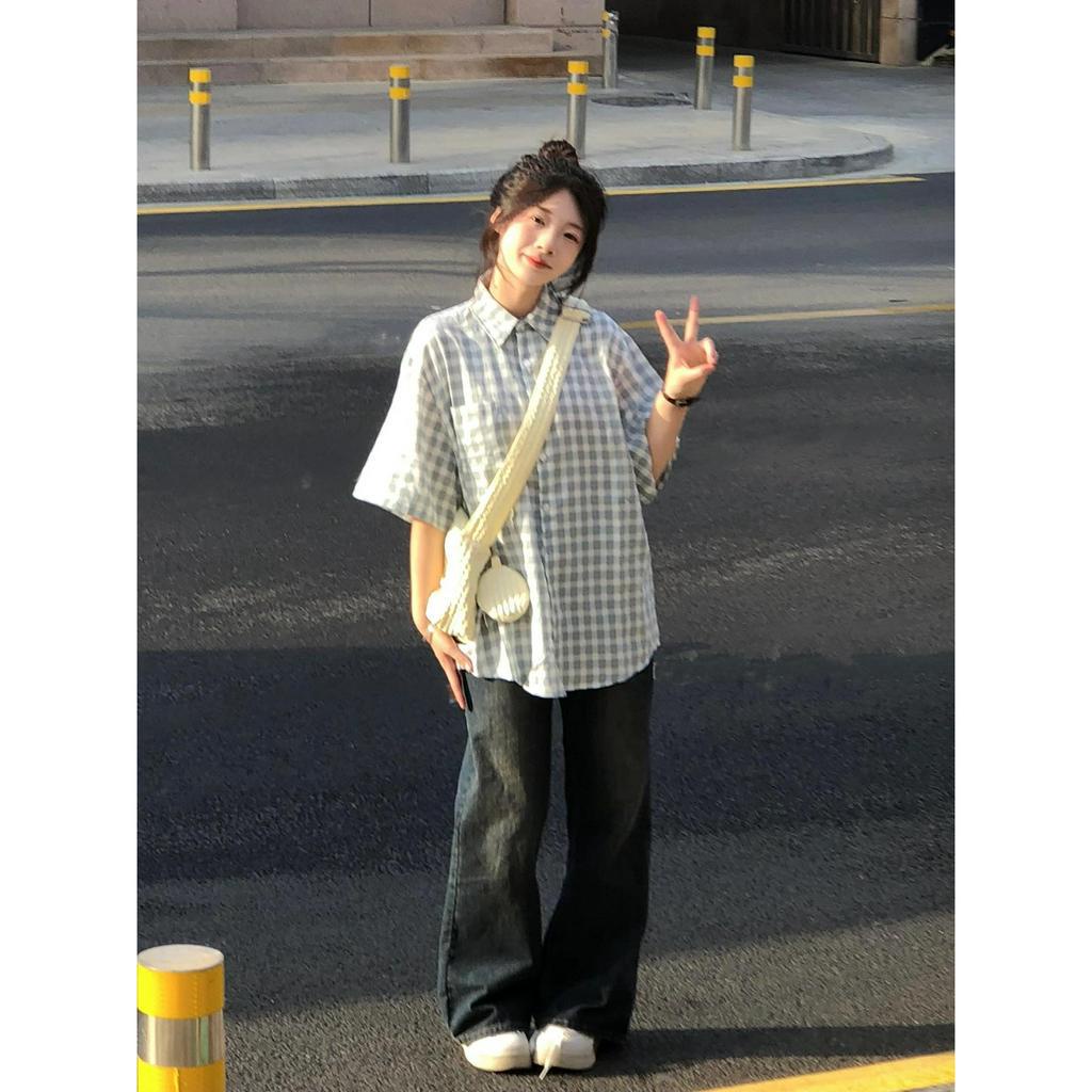 Ethelgirl Áo Sơ Mi Ngắn Tay Họa Tiết Ca Rô Thời Trang Dành Cho Nữ