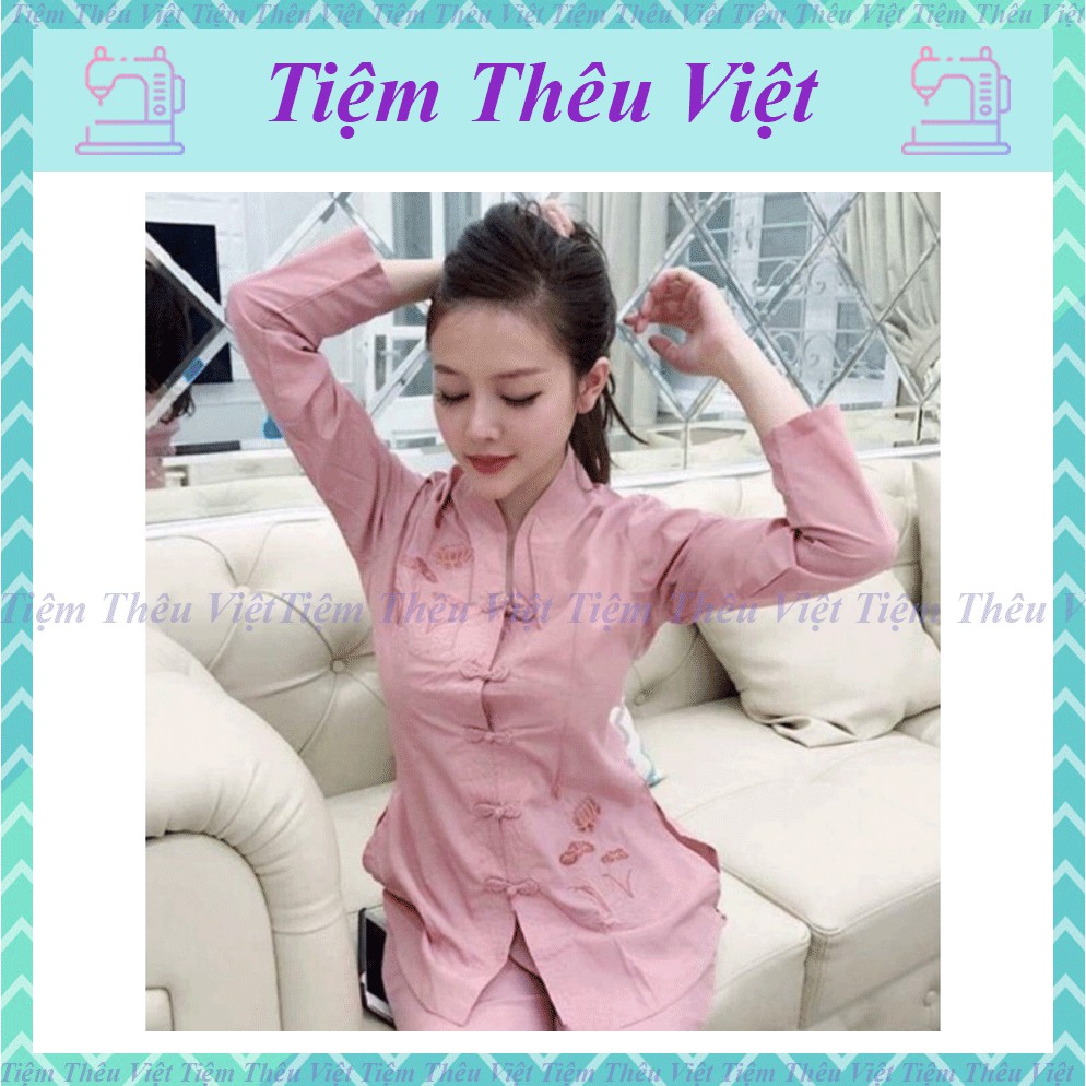 Bộ Đi Chùa Tiệm Thêu Việt Bộ Lam Đi Chùa Thêu Hoa Sen Vải Kate