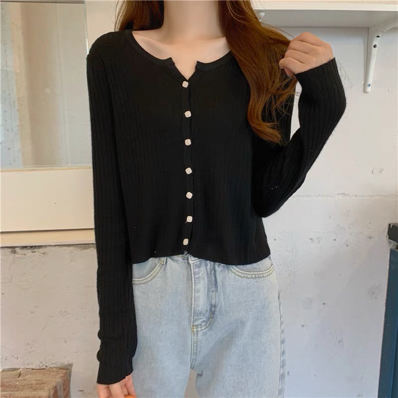 Áo cardigan khoác len nữ kiểu tay dài cổ V dệt kim len đũa xinh xắn phong Ccách Ulzzang Hàn Quốc trẻ trung