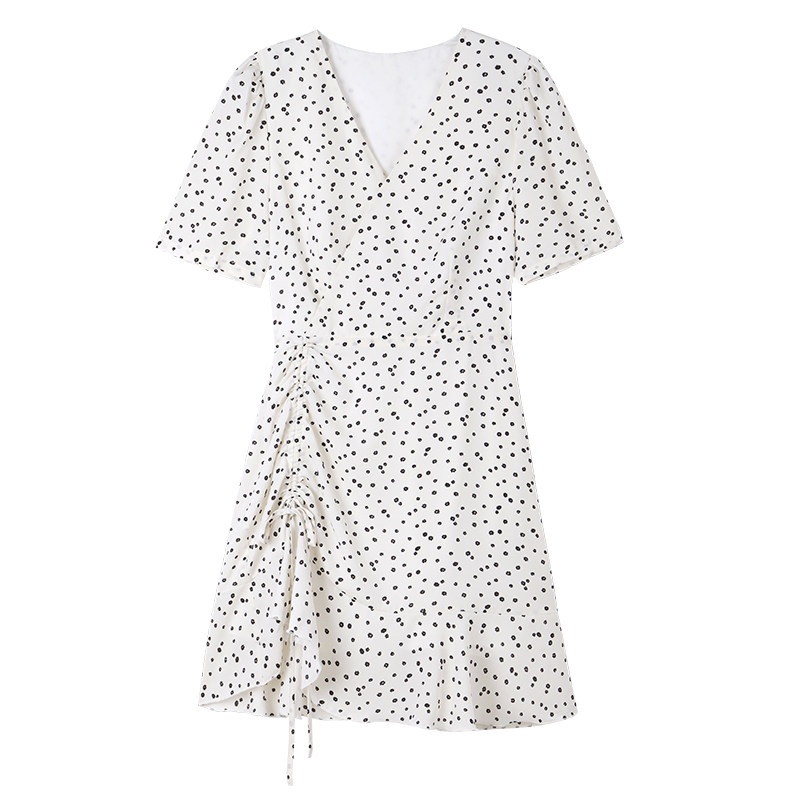 Đầm Tay Ngắn Cổ Chữ V Họa Tiết Chấm Bi Phong Cách Hàn Quốc Thời Trang Cho Nữ