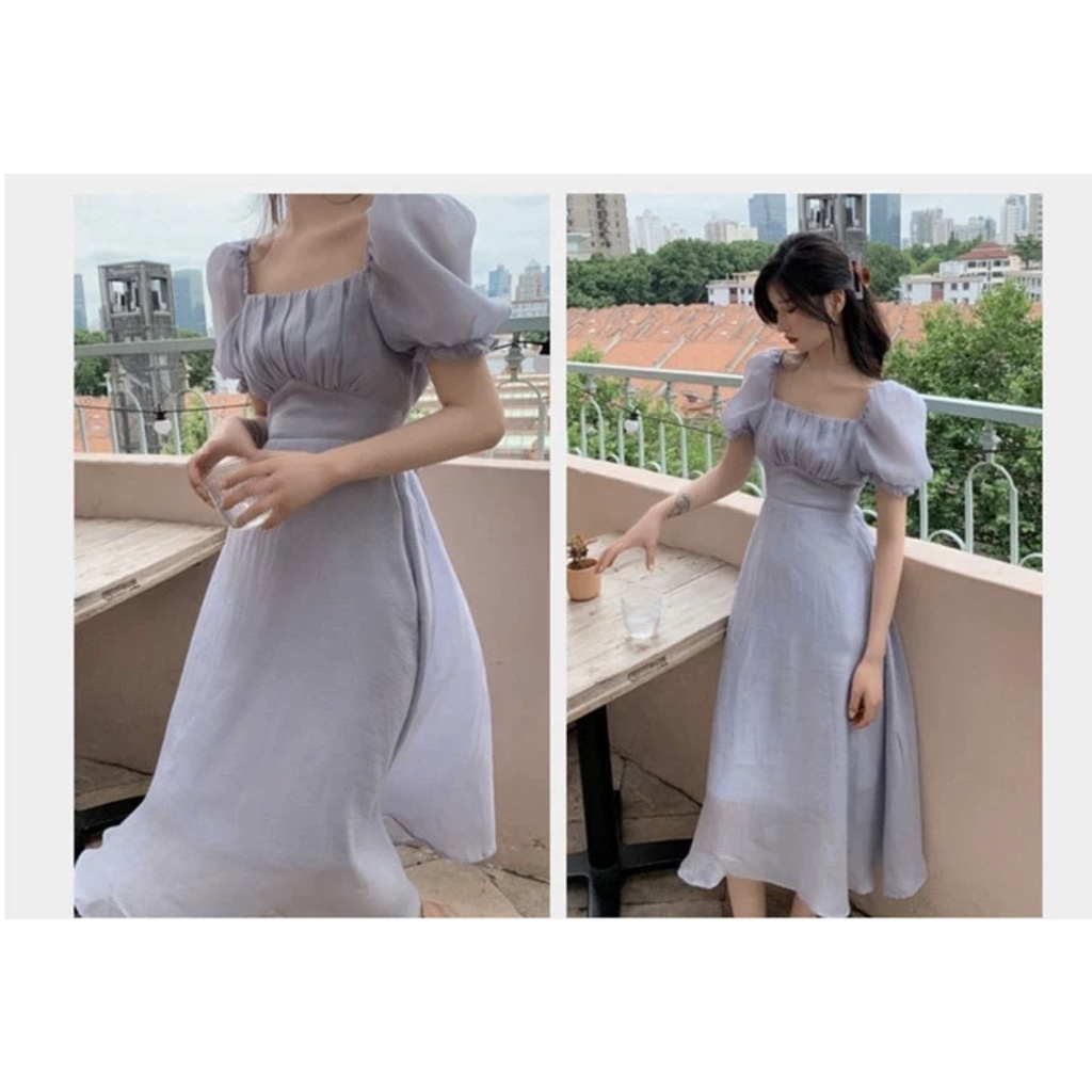 ĐẦM MIDI NHÚN NGỰC TAY BO KEM - XANH