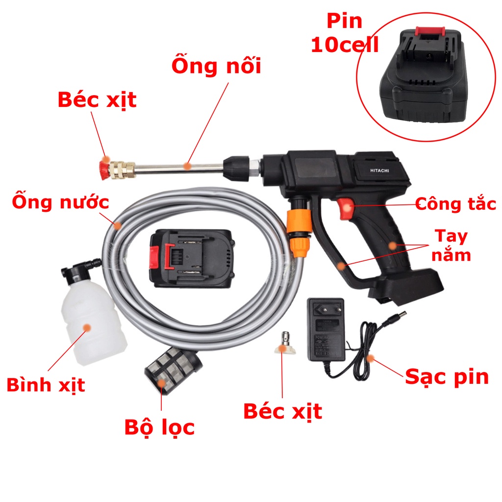Máy rửa xe Hitachi dùng pin 10 cell nhiều chế độ có kèm bình xịt và ống nước dùng gia đình