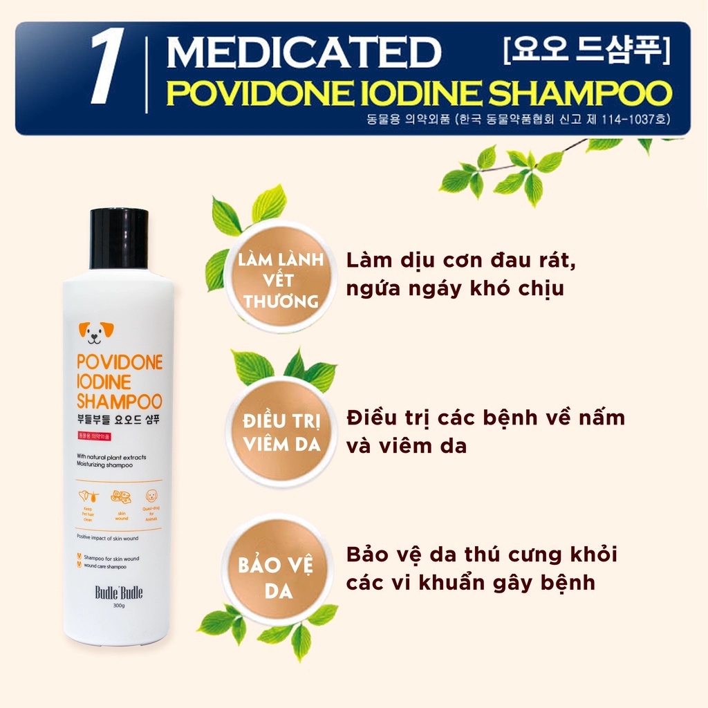 Dầu gội trị viêm da cho chó Budle'Budle Povidone Iodine 300gr - Petemo Pet Shop