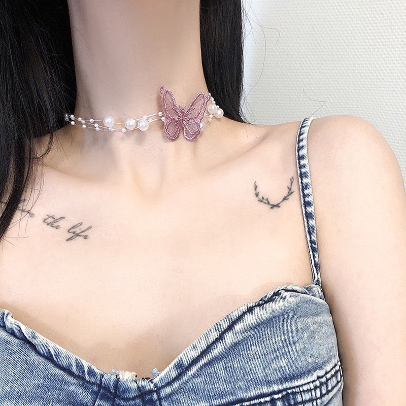 Vòng đeo cổ Choker 3 dây hạt phối bướm vải thêu mã S-105