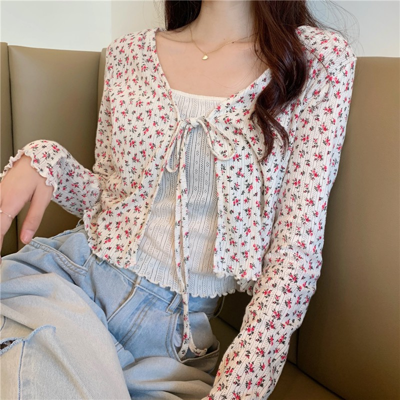 Korean Sweet Slim Sling + Floral Cardigan Sun Protection Two-piece Set | BigBuy360 - bigbuy360.vn
